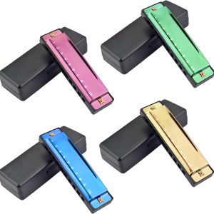 4PCS Key of C 10 Hole 10 Tones Titanium Color Harmonica with Case for Beginner Students Kids(Gold, Purple, Green, Blue)